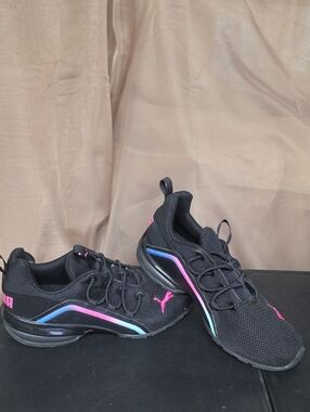 Like New Puma Kids size 3 Black Athletic Sneakers with Pink and Blue Accents
